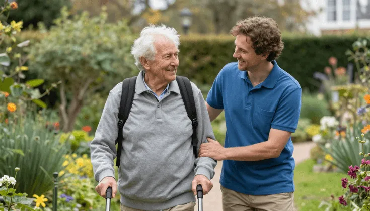 Elderly couple walking outdoors with carer